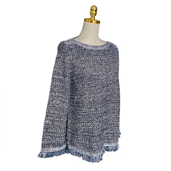 Ann Taylor Women Sequin Fringe Navy & White Metallic Chunky Knit Sweater Size XL - Picture 5 of 9